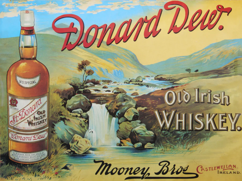 Original advertising poster for Donard Dew Old Irish Whiskey by Mooney Bros., Castlewellan, showing a whiskey bottle beside a Mourne Mountains landscape and waterfall.
